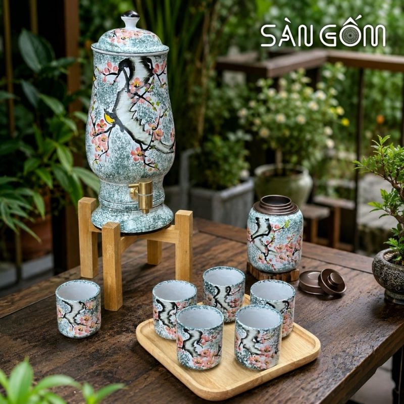 Bộ bình nước dáng ly vẽ chim én hoa đào men xanh dương SG-BBN38 - Ảnh 6
