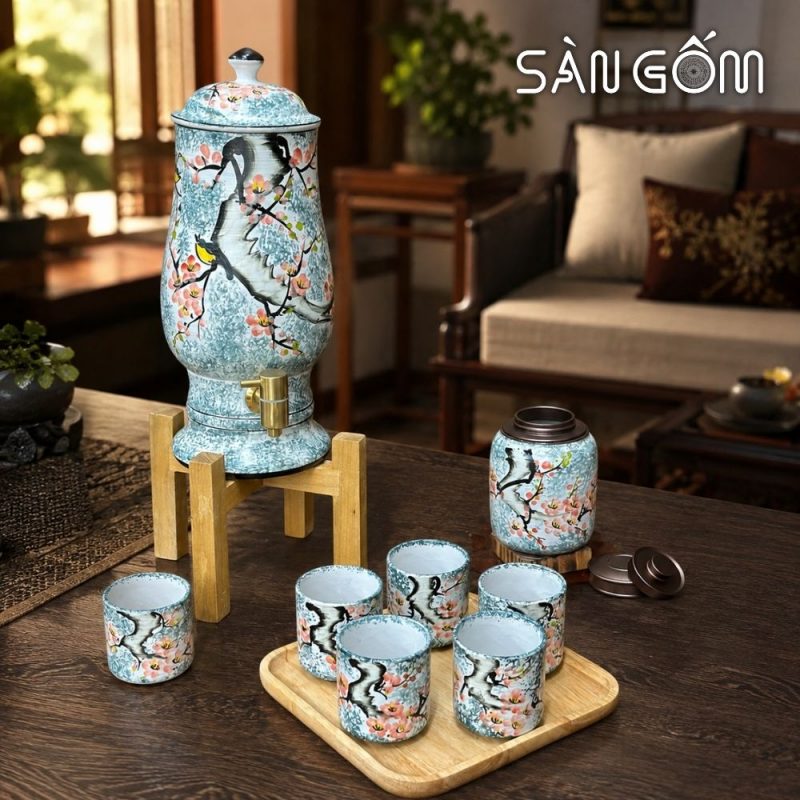 Bộ bình nước dáng ly vẽ chim én hoa đào men xanh dương SG-BBN38 - Ảnh 7