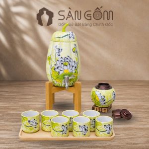 Bộ bình nước dáng quả bí men xanh ngọc họa tiết hoa sen trắng vẽ tay SG-BBN35
