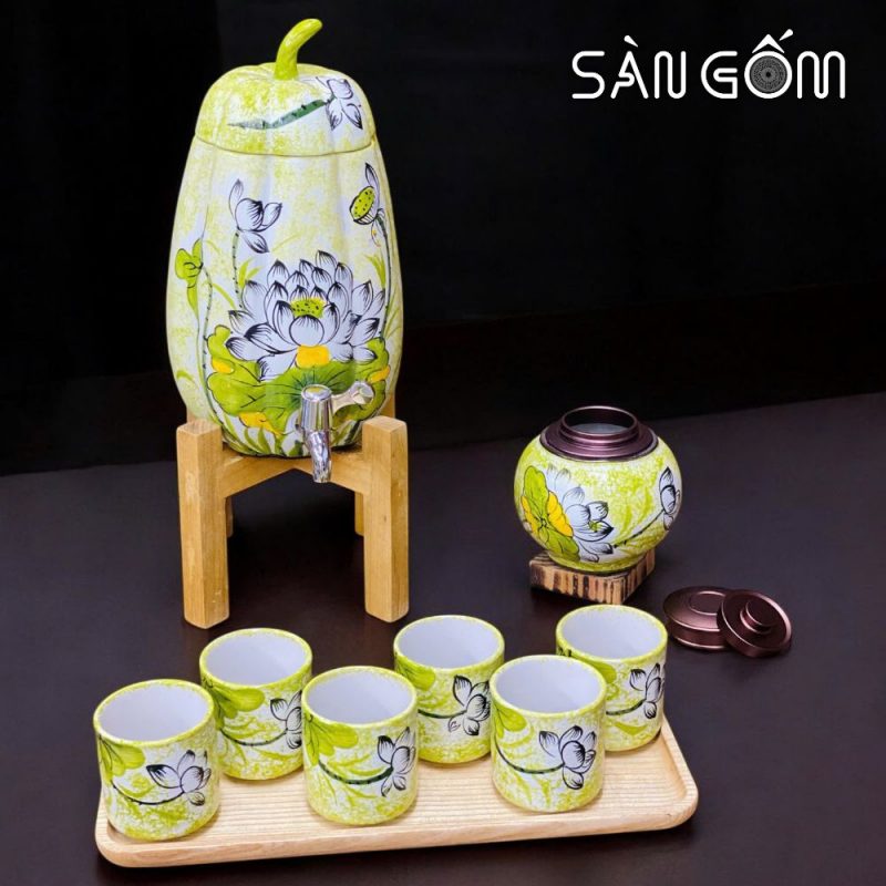 Bộ bình nước dáng quả bí men xanh ngọc họa tiết hoa sen trắng vẽ tay SG-BBN35 - Ảnh 2