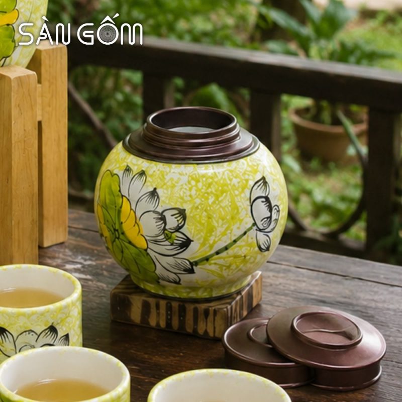 Bộ bình nước dáng quả bí men xanh ngọc họa tiết hoa sen trắng vẽ tay SG-BBN35 - Ảnh 5