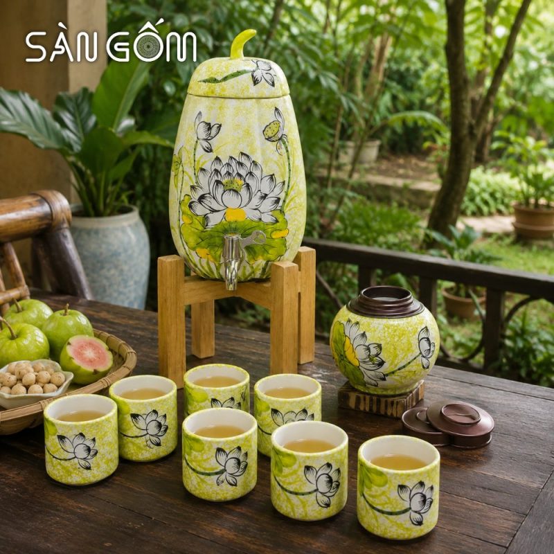 Bộ bình nước dáng quả bí men xanh ngọc họa tiết hoa sen trắng vẽ tay SG-BBN35 - Ảnh 6