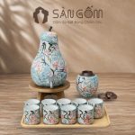 Bộ bình nước dáng quả lê men xanh dương vẽ chim én hoa đào SG-BBN37