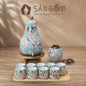 Bộ bình nước dáng quả lê men xanh dương vẽ chim én hoa đào SG-BBN37