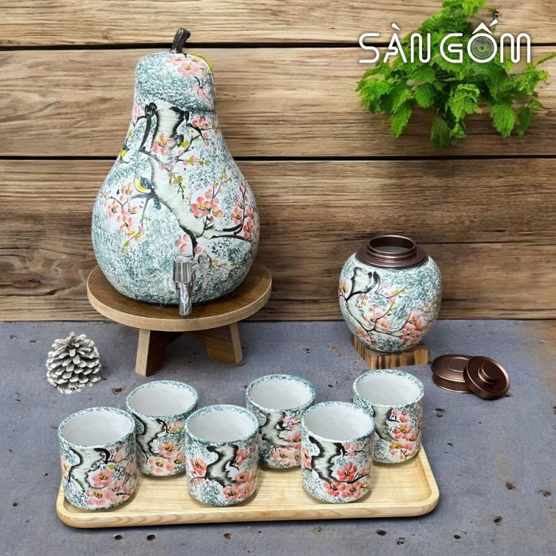 Bộ bình nước dáng quả lê men xanh dương vẽ chim én hoa đào SG-BBN37 - Ảnh 2