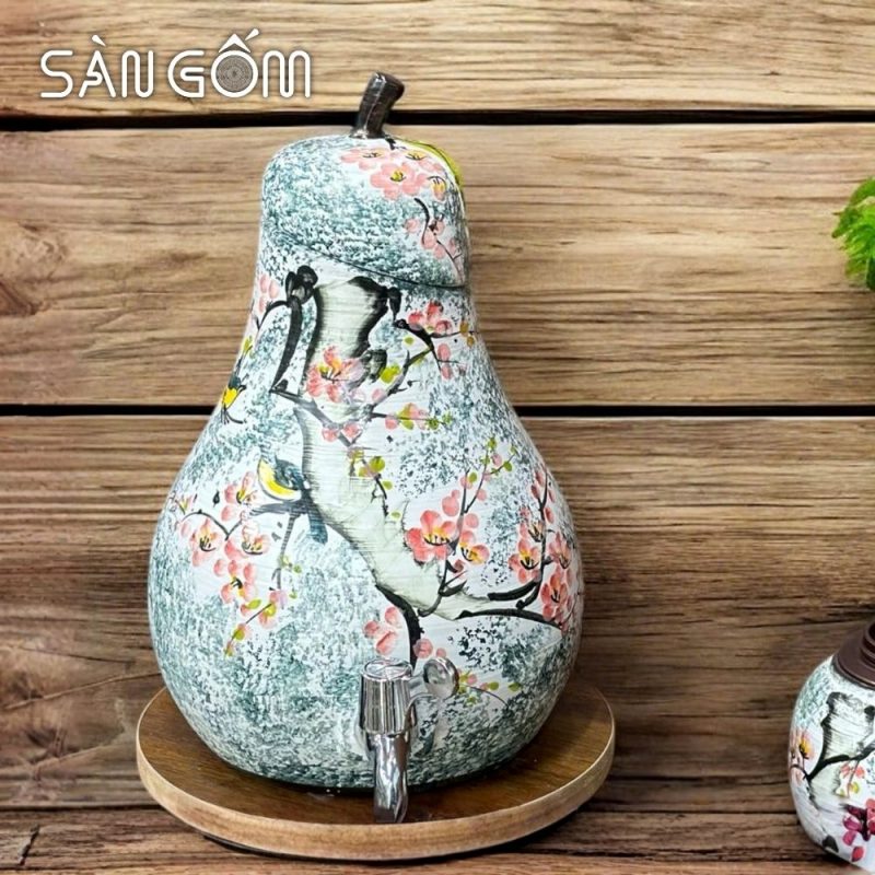 Bộ bình nước dáng quả lê men xanh dương vẽ chim én hoa đào SG-BBN37 - Ảnh 3