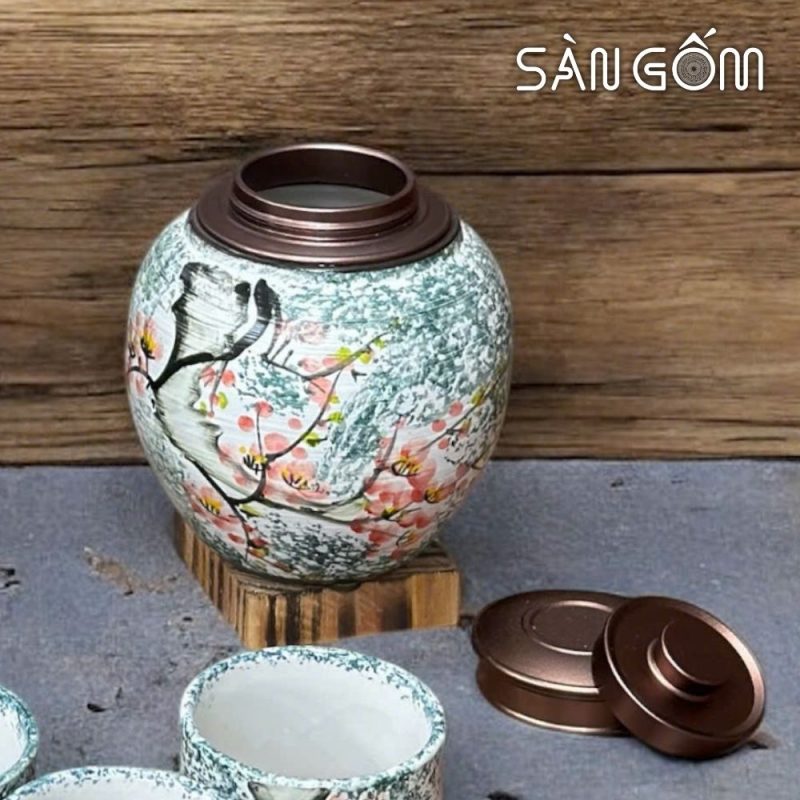 Bộ bình nước dáng quả lê men xanh dương vẽ chim én hoa đào SG-BBN37 - Ảnh 5