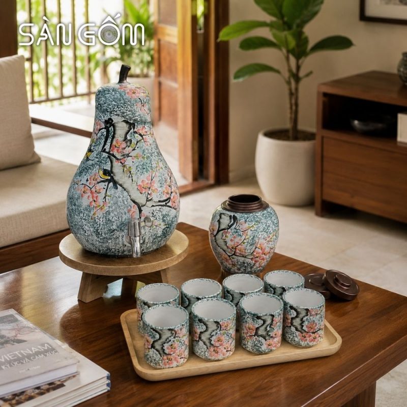 Bộ bình nước dáng quả lê men xanh dương vẽ chim én hoa đào SG-BBN37 - Ảnh 8