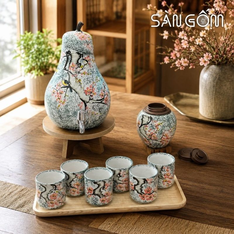 Bộ bình nước dáng quả lê men xanh dương vẽ chim én hoa đào SG-BBN37 - Ảnh 7