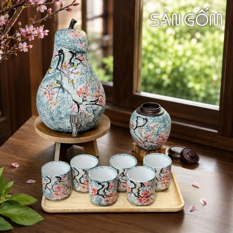 Bộ bình nước dáng quả lê men xanh dương vẽ chim én hoa đào SG-BBN37 - Ảnh 6