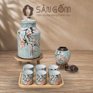 Bộ bình nước dáng trụ vẽ Én Xuân Đón Lộc men xanh dương SG-BBN39