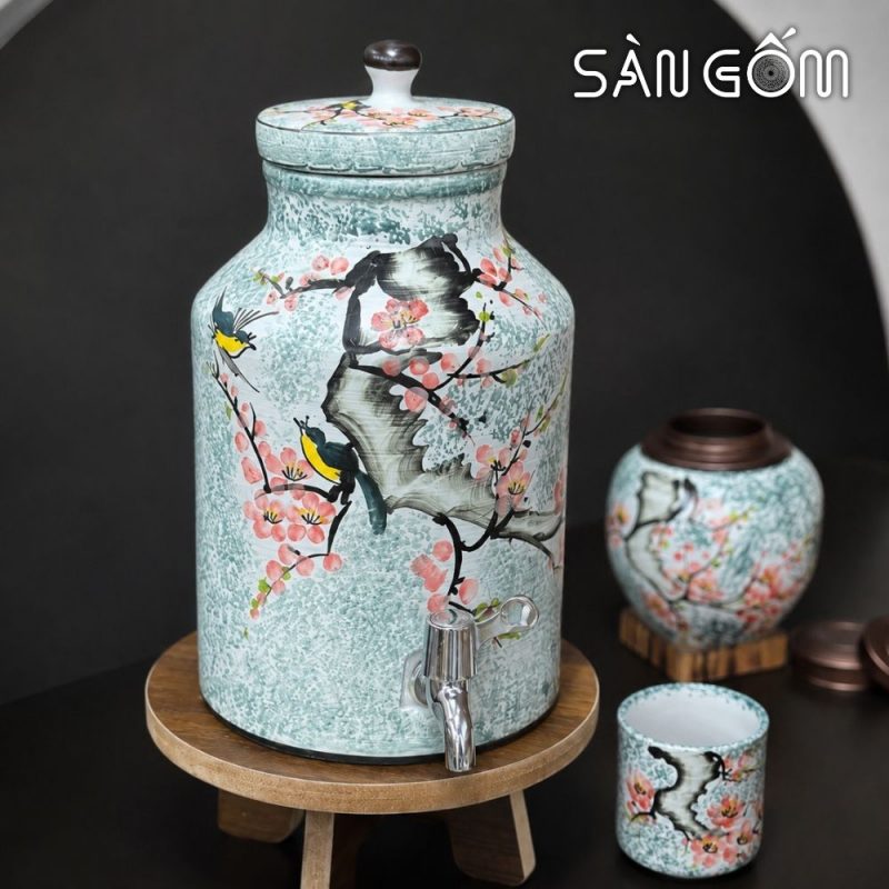 Bộ bình nước dáng trụ vẽ Én Xuân Đón Lộc men xanh dương SG-BBN39 - Ảnh 4