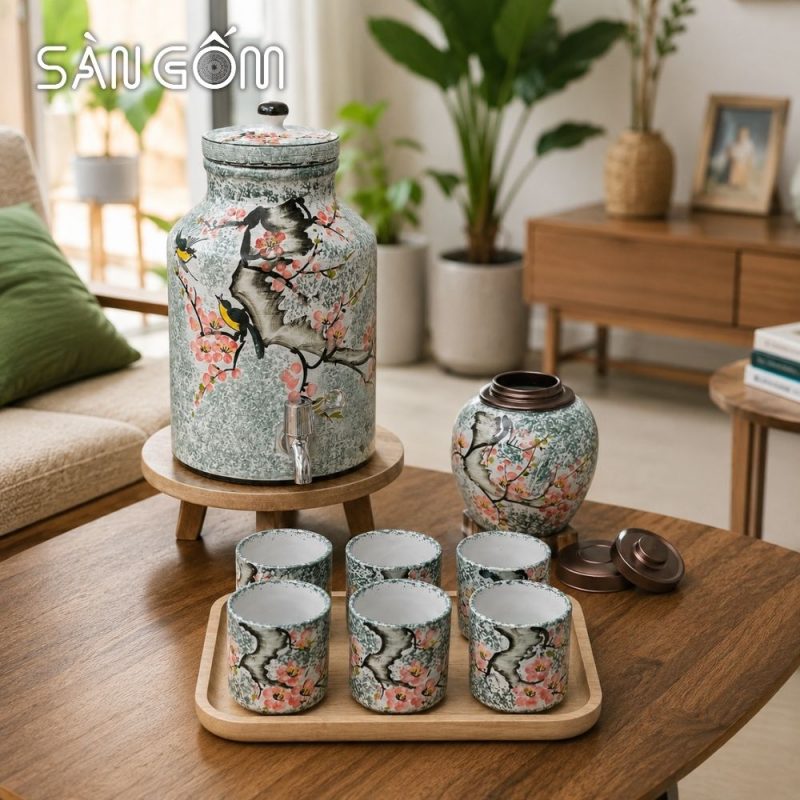 Bộ bình nước dáng trụ vẽ Én Xuân Đón Lộc men xanh dương SG-BBN39 - Ảnh 8
