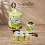 Bộ bình nước gốm dáng đu đủ men ngọc vẽ tay bạch liên hoa SG-BBN31