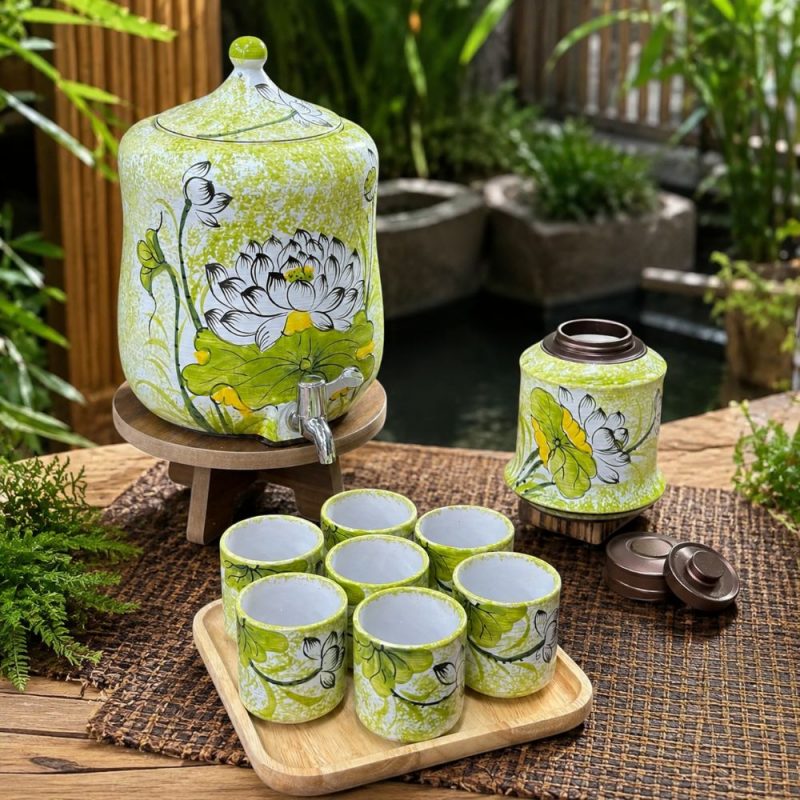 Bộ bình nước gốm dáng đu đủ men ngọc vẽ tay bạch liên hoa SG-BBN31 - Ảnh 6
