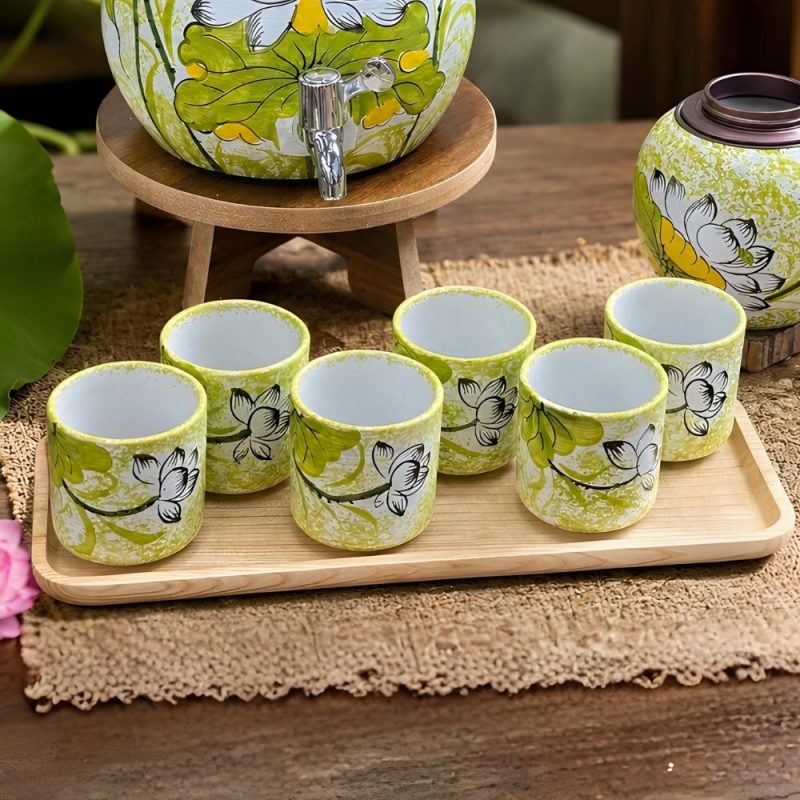 Bộ bình nước gốm dáng đu đủ men ngọc vẽ tay bạch liên hoa SG-BBN31 - Ảnh 4