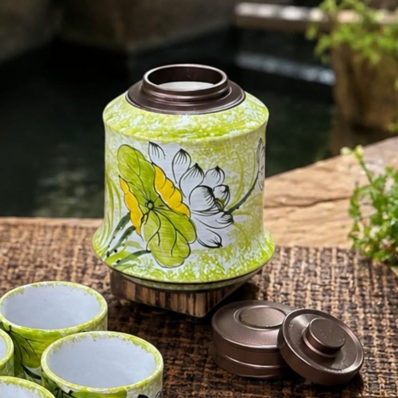 Bộ bình nước gốm dáng đu đủ men ngọc vẽ tay bạch liên hoa SG-BBN31 - Ảnh 5