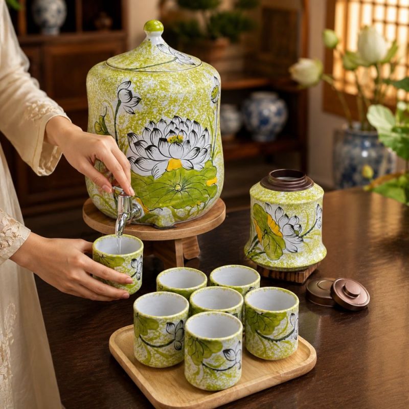 Bộ bình nước gốm dáng đu đủ men ngọc vẽ tay bạch liên hoa SG-BBN31 - Ảnh 7