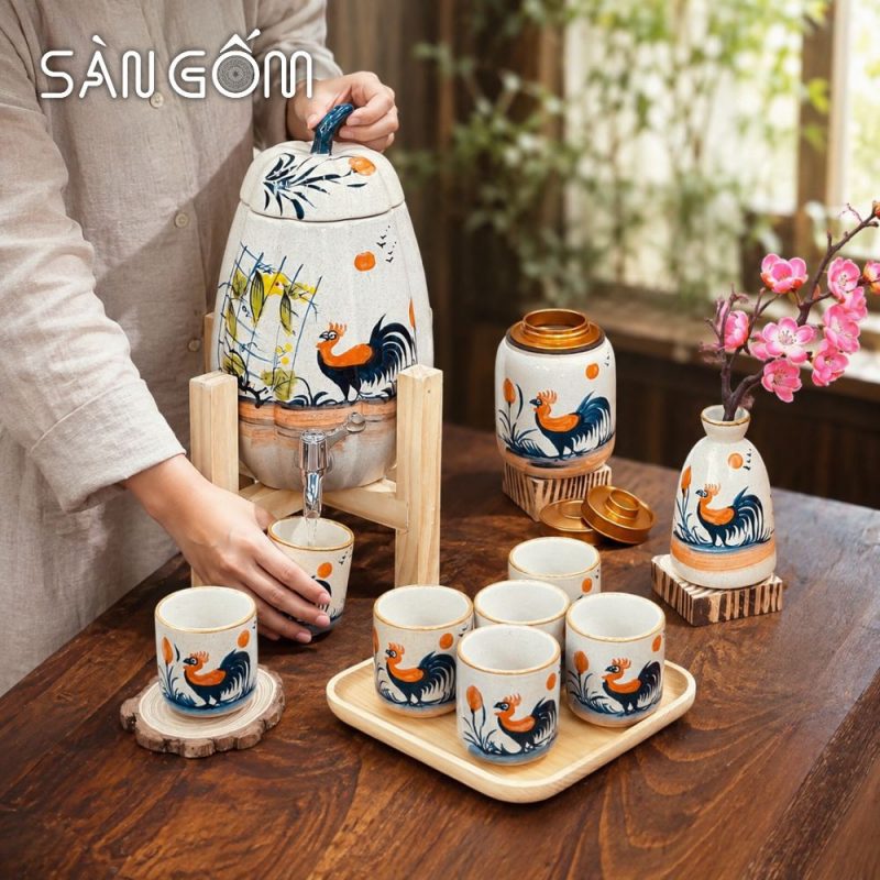 Bộ bình nước gốm dáng quả bí men kem gà trống vinh hoa vẽ tay SG-BBN05 - Ảnh 9