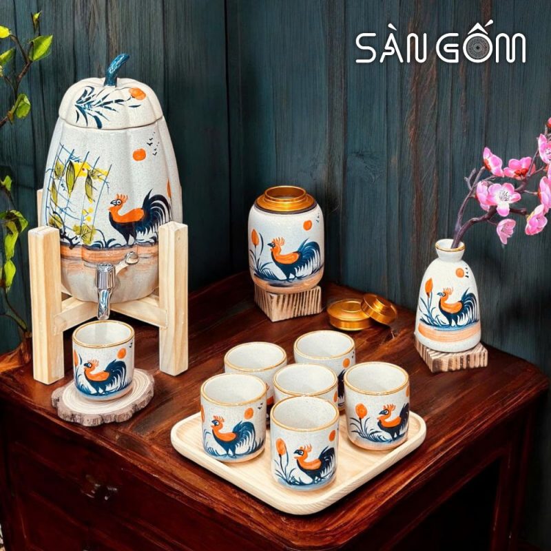 Bộ bình nước gốm dáng quả bí men kem gà trống vinh hoa vẽ tay SG-BBN05 - Ảnh 2