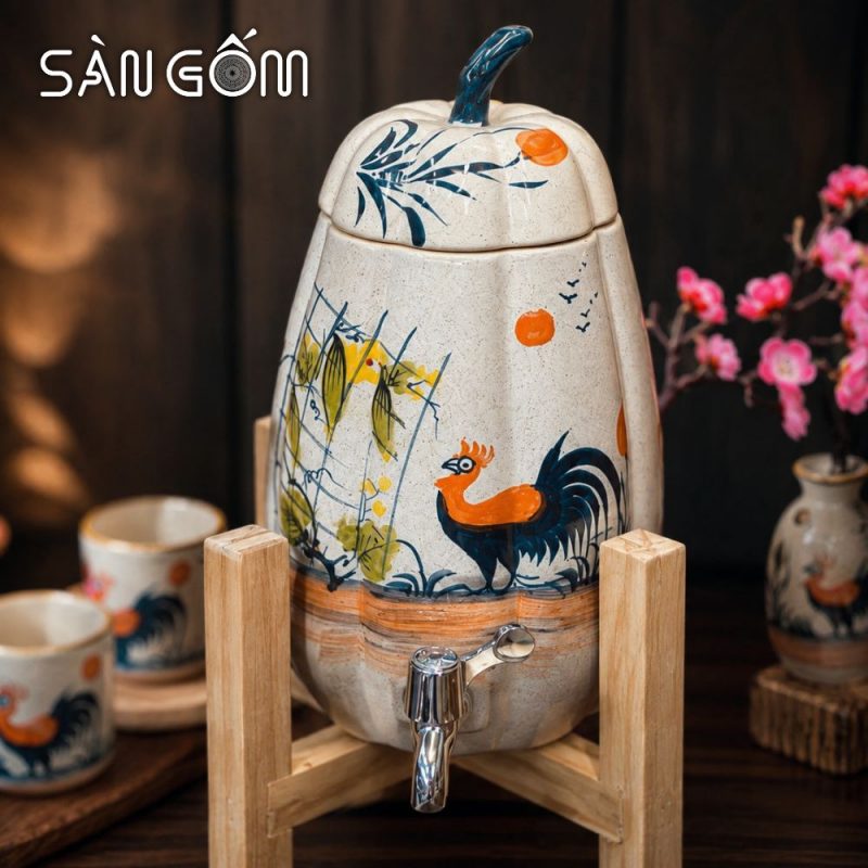 Bộ bình nước gốm dáng quả bí men kem gà trống vinh hoa vẽ tay SG-BBN05 - Ảnh 3