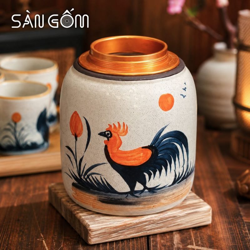 Bộ bình nước gốm dáng quả bí men kem gà trống vinh hoa vẽ tay SG-BBN05 - Ảnh 5
