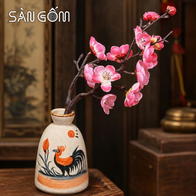 Bộ bình nước gốm dáng quả bí men kem gà trống vinh hoa vẽ tay SG-BBN05 - Ảnh 6