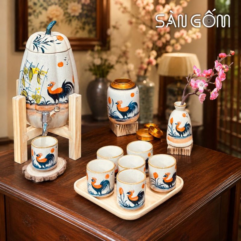 Bộ bình nước gốm dáng quả bí men kem gà trống vinh hoa vẽ tay SG-BBN05 - Ảnh 10
