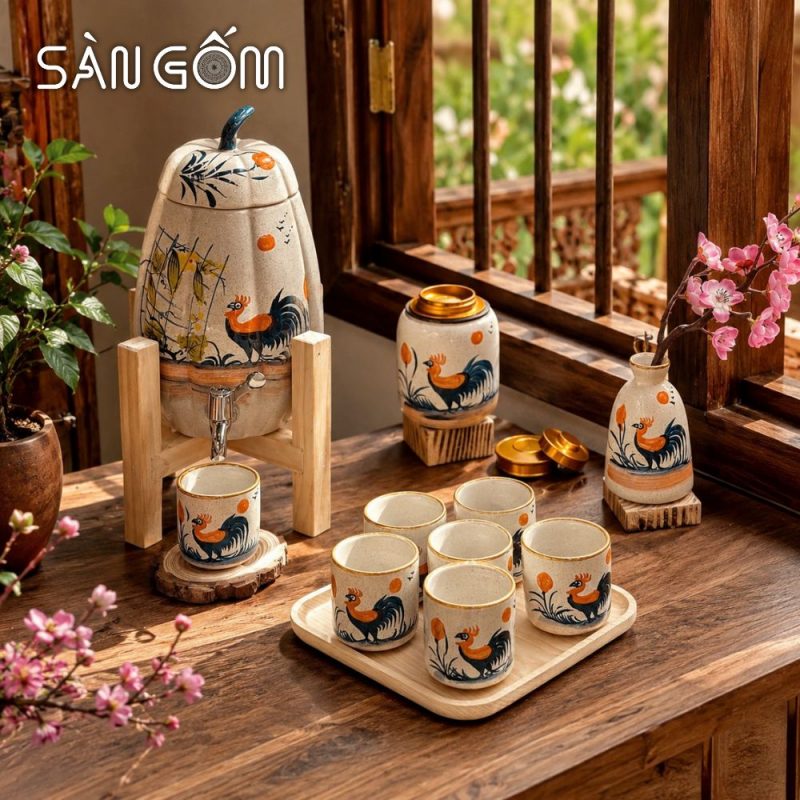 Bộ bình nước gốm dáng quả bí men kem gà trống vinh hoa vẽ tay SG-BBN05 - Ảnh 8