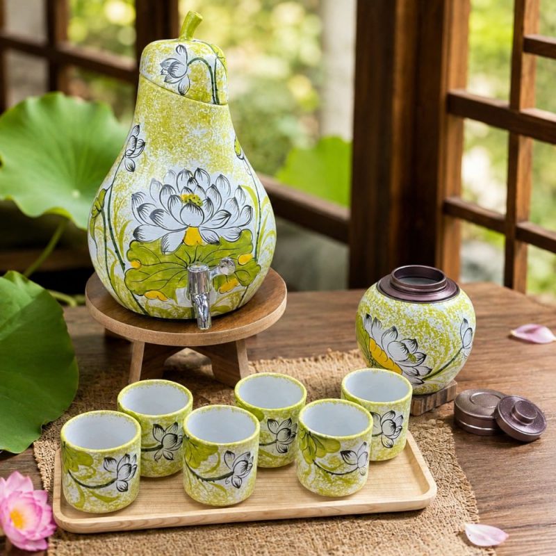 Bộ bình nước gốm dáng quả lê men ngọc vẽ tay bạch liên hoa SG-BBN32 - Ảnh 6