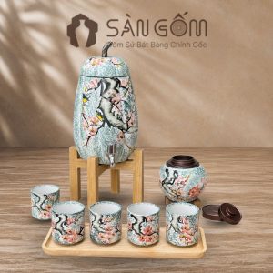Bộ bình nước gốm sứ dáng quả bí men xanh dương vẽ Én Xuân Đón Lộc SG-BBN40