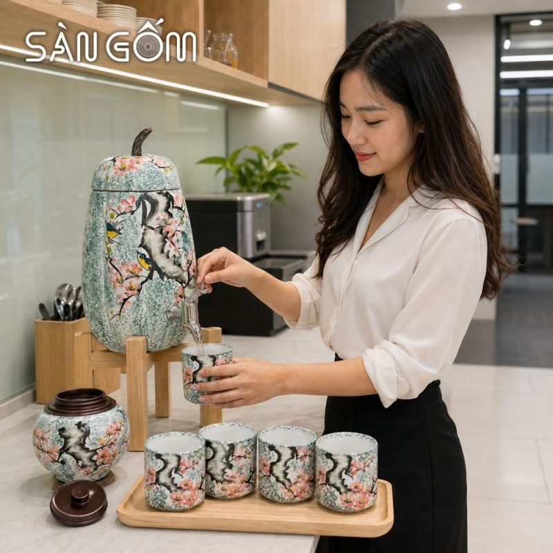 Bộ bình nước gốm sứ dáng quả bí men xanh dương vẽ Én Xuân Đón Lộc SG-BBN40 - Ảnh 10