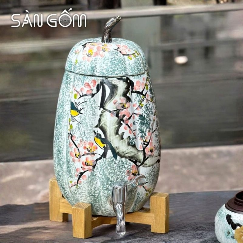 Bộ bình nước gốm sứ dáng quả bí men xanh dương vẽ Én Xuân Đón Lộc SG-BBN40 - Ảnh 3