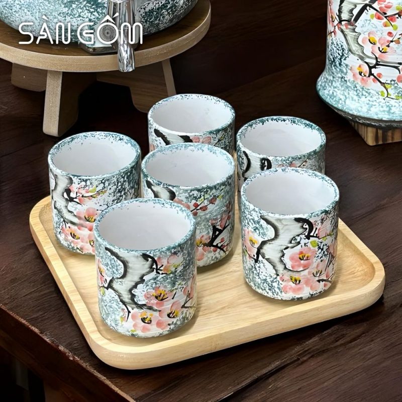 Bộ bình nước gốm sứ dáng quả bí men xanh dương vẽ Én Xuân Đón Lộc SG-BBN40 - Ảnh 5