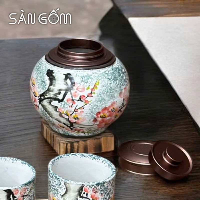 Bộ bình nước gốm sứ dáng quả bí men xanh dương vẽ Én Xuân Đón Lộc SG-BBN40 - Ảnh 4