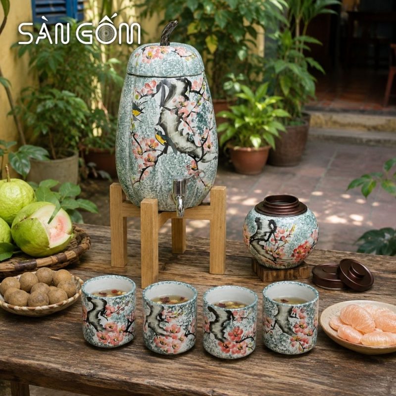 Bộ bình nước gốm sứ dáng quả bí men xanh dương vẽ Én Xuân Đón Lộc SG-BBN40 - Ảnh 9