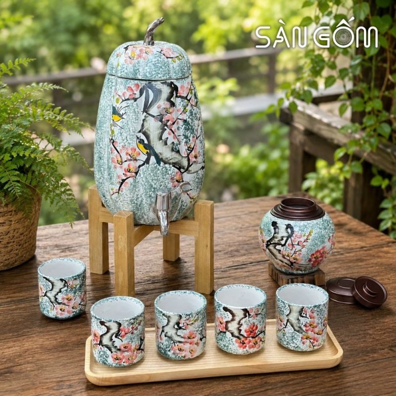 Bộ bình nước gốm sứ dáng quả bí men xanh dương vẽ Én Xuân Đón Lộc SG-BBN40 - Ảnh 6