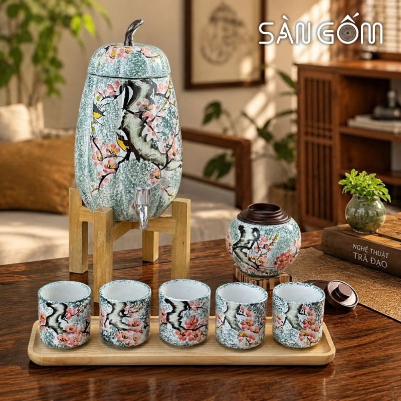 Bộ bình nước gốm sứ dáng quả bí men xanh dương vẽ Én Xuân Đón Lộc SG-BBN40 - Ảnh 8