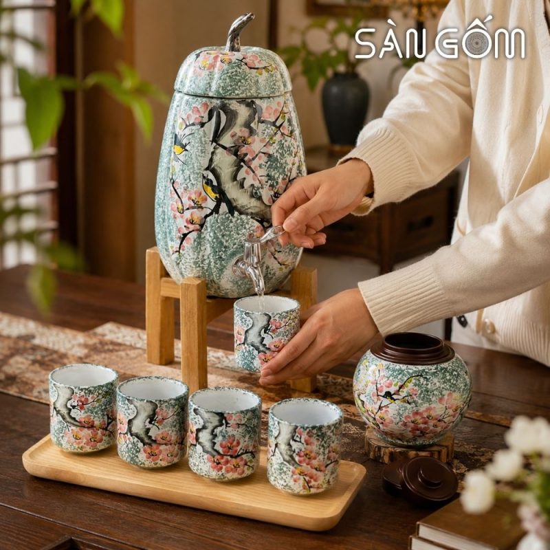 Bộ bình nước gốm sứ dáng quả bí men xanh dương vẽ Én Xuân Đón Lộc SG-BBN40 - Ảnh 7
