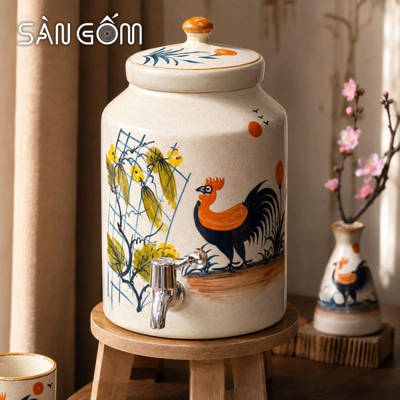 Bộ bình nước gốm sứ dáng trụ vẽ tay gà trống vinh hoa men kem SG-BBN04 - Ảnh 4