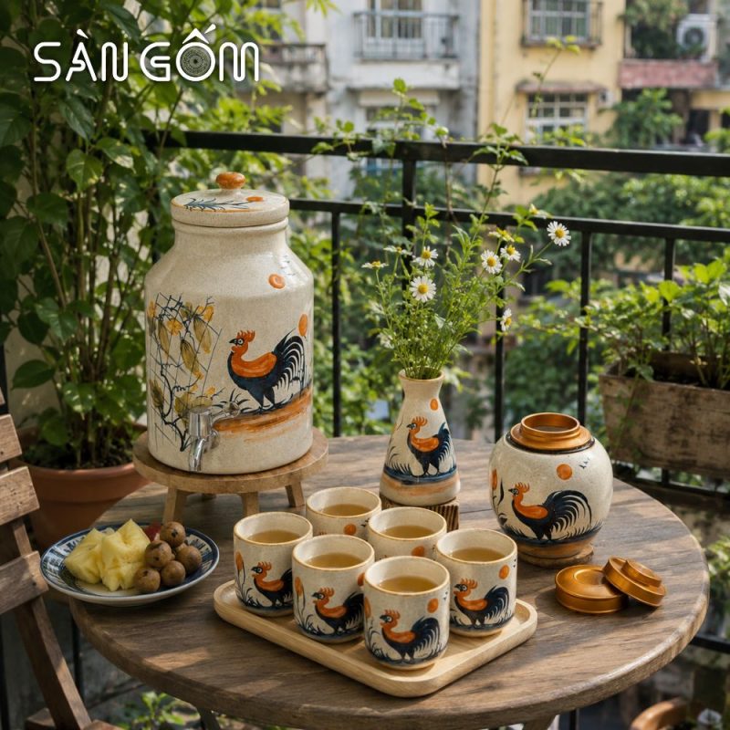 Bộ bình nước gốm sứ dáng trụ vẽ tay gà trống vinh hoa men kem SG-BBN04 - Ảnh 8