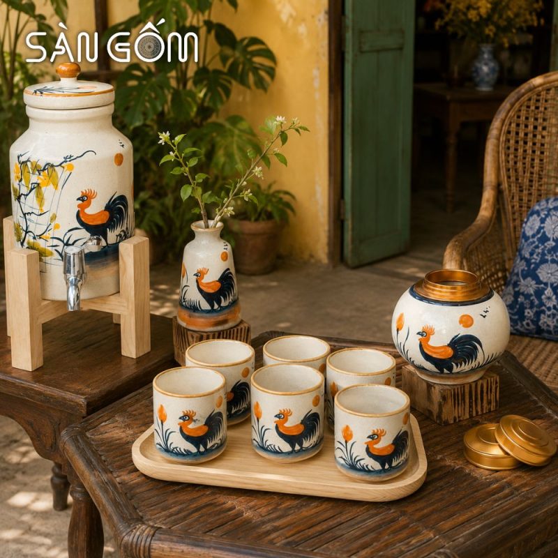 Bộ bình nước gốm sứ dáng trụ vẽ tay gà trống vinh hoa men kem SG-BBN04 - Ảnh 7