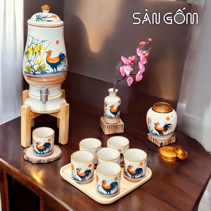 Bộ bình nước gốm sứ men kem dáng ly vẽ tay gà trống vinh hoa SG-BBN03 - Ảnh 2