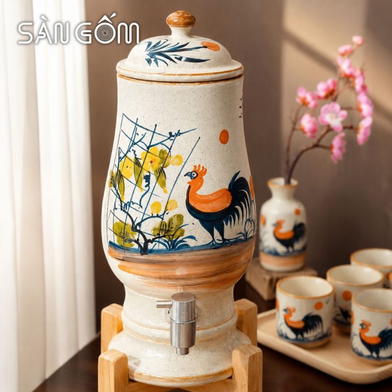 Bộ bình nước gốm sứ men kem dáng ly vẽ tay gà trống vinh hoa SG-BBN03 - Ảnh 3