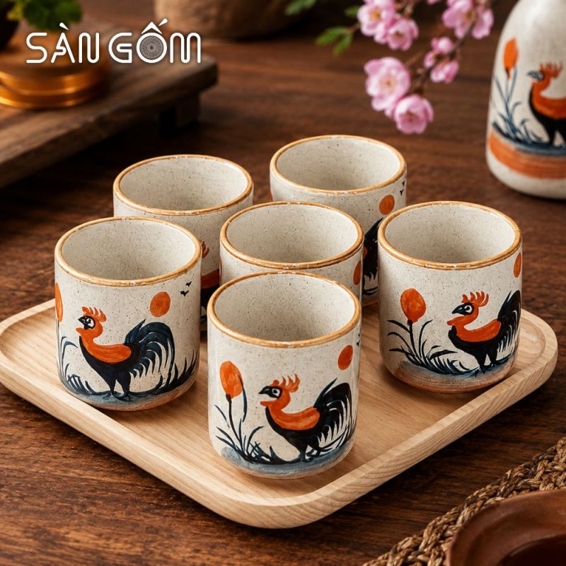 Bộ bình nước gốm sứ men kem dáng ly vẽ tay gà trống vinh hoa SG-BBN03 - Ảnh 4