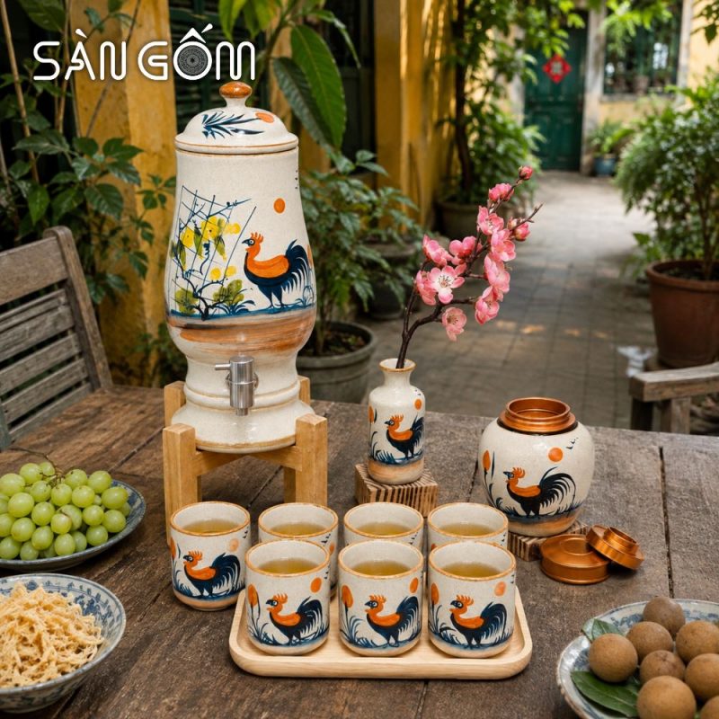 Bộ bình nước gốm sứ men kem dáng ly vẽ tay gà trống vinh hoa SG-BBN03 - Ảnh 6