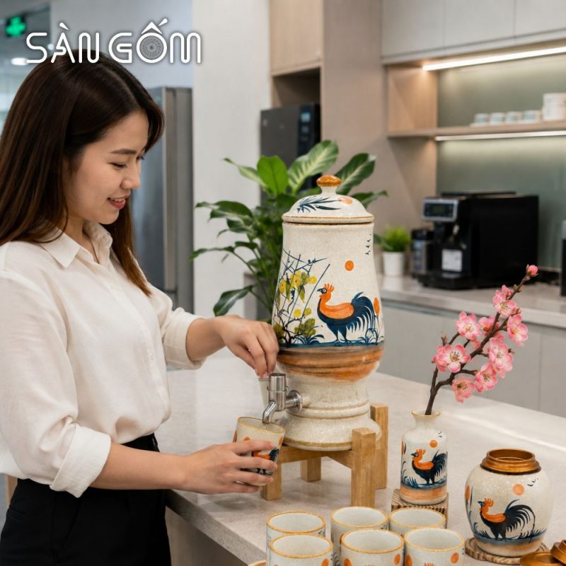 Bộ bình nước gốm sứ men kem dáng ly vẽ tay gà trống vinh hoa SG-BBN03 - Ảnh 7