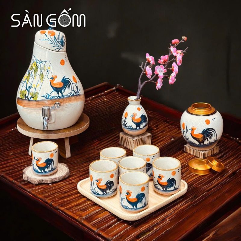 Bộ bình nước gốm sứ men kem dáng quả lê vẽ tay gà trống phú quý SG-BBN02 - Ảnh 2