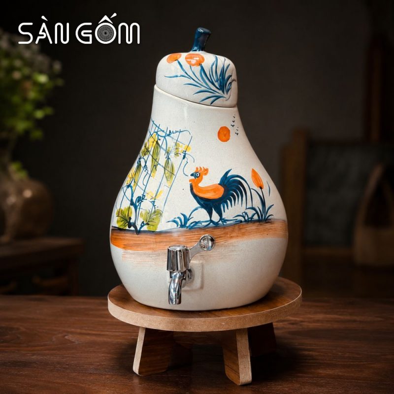 Bộ bình nước gốm sứ men kem dáng quả lê vẽ tay gà trống phú quý SG-BBN02 - Ảnh 3