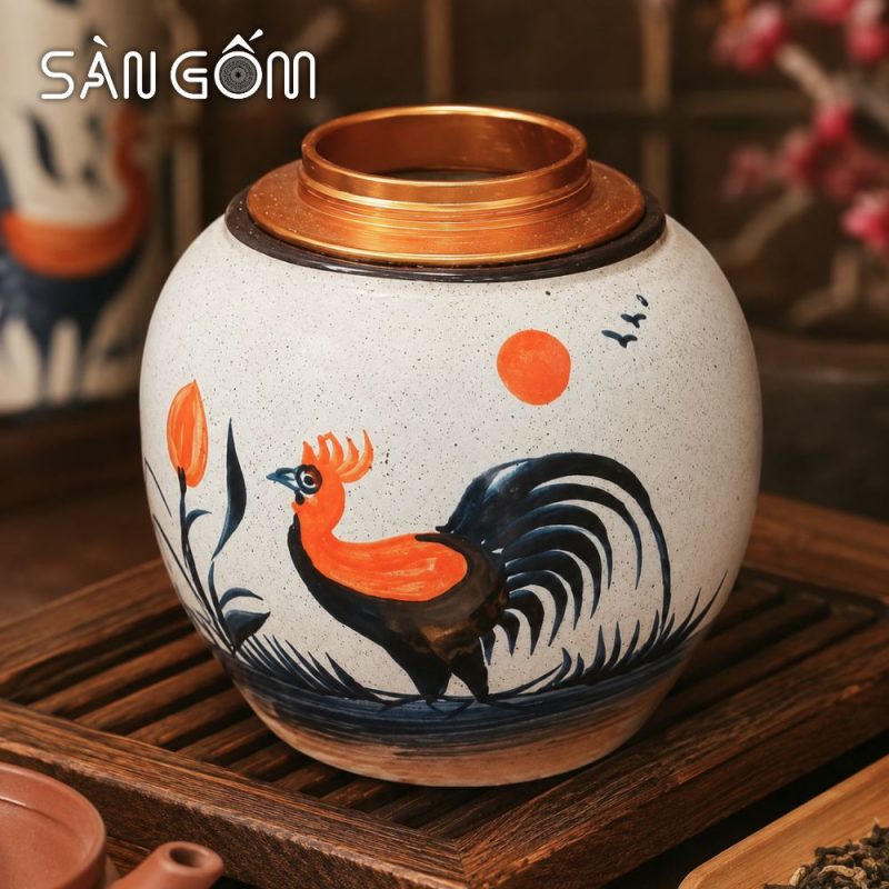 Bộ bình nước gốm sứ men kem dáng quả lê vẽ tay gà trống phú quý SG-BBN02 - Ảnh 5